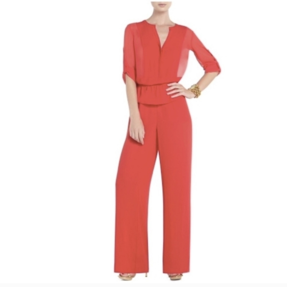 Bcbgmaxazria Red Sheer Cutout Back Jumpsuit Romper Size Small